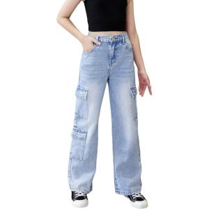 imageOYOANGLE Girls Cargo Jeans Zipper Fly Flap Pocket Straight Leg Y2K Denim PantsMedium Wash