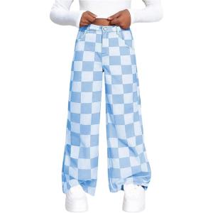 imageOYOANGLE Girls Checkered Print Jeans Zipper Fly Straight Leg Denim Pants with PocketLight Blue