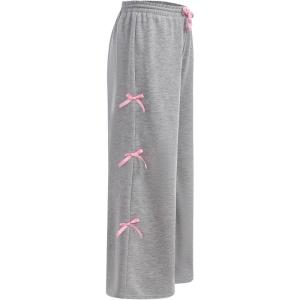 imageOYOANGLE Girls Elastic Drawstring Waist Bow Sweatpants Y2K Wide Leg Long TrousersGrey