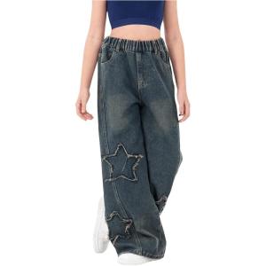 imageOYOANGLE Girls Elastic High Waist Wide Leg Jeans Y2K Ripped Pattern Denim Pants with PocketBlue