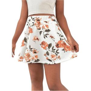 imageOYOANGLE Girls Floral Print Ruffle Hem Shorts Elastic High Waist Flowy Casual Mini Skorts with PocketsWhite and Red