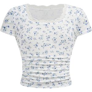 imageOYOANGLE Girls Floral Short Sleeve Ribbed Knit T Shirt Lace Trim Scoop Neck Ruched Crop TopsBlue
