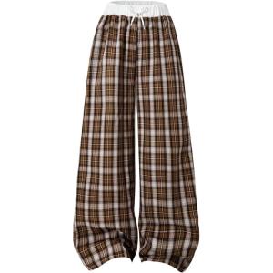imageOYOANGLE Girls Gingham Pants Elastic Waist Tie Front Straight Leg Plaid Trousers Cute BottomsBrown