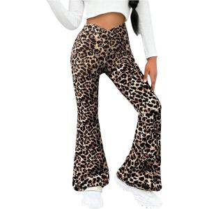 imageOYOANGLE Girls Leopard Flared Leggings Crossover Skinny Bell Bottoms Cheetah Print Yoga Dance PantsKhaki