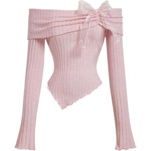 imageOYOANGLE Girls Off Shoulder Bow Tie Ruched Blouse Long Sleeve Asymmetrical Rib Knit ShirtsPink