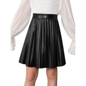 imageOYOANGLE Girls PU Leather Pleated A Line Skirt Flared High Waisted Short SkirtsBlack