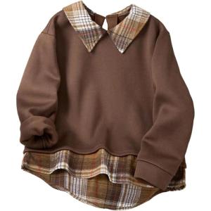 imageOYOANGLE Girls Plaid Collar Patchwork Fleece Sweatshirts Drop Shoulder Winter Warm Pullover TopsBrown