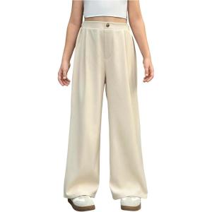 imageOYOANGLE Girls Pleated Wide Leg Pants Elastic Waist Zipper Fly Button Solid Loose TrousersApricot