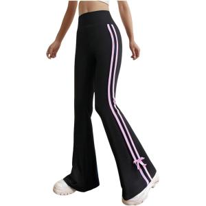 imageOYOANGLE Girls Side Striped Bow Flared Pants Bowknot Yoga Dance Bell Bottom TrousersBlack