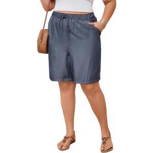 imageOYOANGLE Womens Plus Size Elastic Tie Front Straight Leg Shorts Loose Summer Casual Lounge ShortsBlue