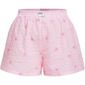 imageOYOANGLE Womens Plus Size Textured Bow Print Wide Leg Shorts High Waisted Summer Lounge ShortsPink