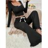 imageOYOANGLE Womens 2 Piece Pajama Sets Bow Square Neck Long Sleeve Crop Top and Pants Sleepwear SetsBlack