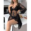 imageOYOANGLE Womens 2 Piece Pajama Sets Lace Mesh Sheer Nightdress and Flare Sleeve Belted Robe