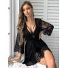 imageOYOANGLE Womens 2 Piece Pajama Sets Lace Mesh Sheer Nightdress and Flare Sleeve Belted Robe