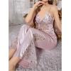 imageOYOANGLE Womens 2 Piece Satin Pajamas Set Mesh Lace Cami Top and Flared Pants LoungewearPink