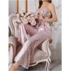 imageOYOANGLE Womens 2 Piece Satin Pajamas Set Mesh Lace Cami Top and Flared Pants LoungewearPink
