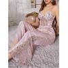 imageOYOANGLE Womens 2 Piece Satin Pajamas Set Mesh Lace Cami Top and Flared Pants LoungewearPink