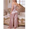 imageOYOANGLE Womens 2 Piece Satin Pajamas Set Mesh Lace Cami Top and Flared Pants LoungewearPink