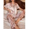 imageOYOANGLE Womens 2 Piece Satin Pajamas Set Striped Button Down Shirt and Pants LoungewearPink