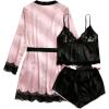 imageOYOANGLE Womens 3pcs Pajama Set Contrast Lace Bow Knot Lace Trim Cami Top and Shorts Pajama Set with RobePink Black