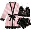 imageOYOANGLE Womens 3pcs Pajama Set Contrast Lace Bow Knot Lace Trim Cami Top and Shorts Pajama Set with RobePink Black
