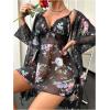 imageOYOANGLE Womens Chiffon Lace Nightgown with Robe Set Floral Cami Nightwear 2 Piece SleepwearBlack