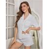 imageOYOANGLE Womens Lace Trim Ribbed Knit Sleepwear Button Up Shirt Elastic Waist Shorts Pajama Sets
