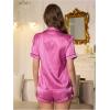 imageOYOANGLE Womens Satin Pajama Set for Women Short Sleeve Button Down Sleepwear Soft Shorts PjsHot Pink