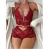 imageOYOANGLE Womens Sheer Lace 2 Piece Lingerie Set Chain Cut Out Crop Halter Tops and Boyshorts SetsBurgundy