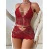 imageOYOANGLE Womens Sheer Lace 2 Piece Lingerie Set Chain Cut Out Crop Halter Tops and Boyshorts SetsBurgundy
