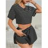 imageOYOANGLE Womens Summer Pajamas Striped Short Sleeve Crop Top and Side Slit Shorts Pjs Lounge SetBlack
