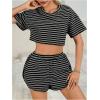 imageOYOANGLE Womens Summer Pajamas Striped Short Sleeve Crop Top and Side Slit Shorts Pjs Lounge SetBlack