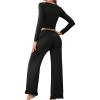 imageOYOANGLE Womens 2 Piece Pajama Sets Bow Square Neck Long Sleeve Crop Top and Pants Sleepwear SetsBlack