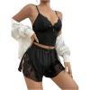 imageOYOANGLE Womens 2 Piece Pajama Sets Lounge Sets Lace Bow Cami Top and Split Shorts SetBlack
