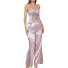 imageOYOANGLE Womens 2 Piece Satin Pajamas Set Mesh Lace Cami Top and Flared Pants LoungewearPink