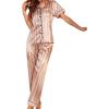 imageOYOANGLE Womens 2 Piece Satin Pajamas Set Striped Button Down Shirt and Pants LoungewearPink