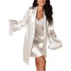 imageOYOANGLE Womens 2 Piece Satin Silky Pajama Set Floral Lace Nightdress with Fuzzy Robe NightwearWhite