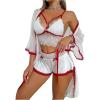 imageOYOANGLE Womens 3 Piece Pajama Set Floral Lace Bowknot Cami Top and Shorts with Robe SleepwearWhite