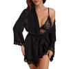 imageOYOANGLE Womens 3 Piece Pajama Set Lace Cami Top and Shorts with Long Sleeve Robe Pjs SleepwearBlack