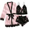 imageOYOANGLE Womens 3pcs Pajama Set Contrast Lace Bow Knot Lace Trim Cami Top and Shorts Pajama Set with RobePink Black