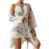 imageOYOANGLE Womens Chiffon Lace Nightgown with Robe Set Floral Cami Nightwear 2 Piece SleepwearWhite