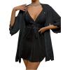 imageOYOANGLE Womens Floral Lace Bow Tie Pajama Set Spaghetti Strap Mesh Nightdress with Robe NightgownsBlack