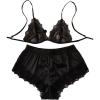 imageOYOANGLE Womens Satin Lingerie Pajama Set Lace Triangle Bralette and Shorts Pjs Sleeveless SleepwearBlack