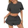 imageOYOANGLE Womens Summer Pajamas Striped Short Sleeve Crop Top and Side Slit Shorts Pjs Lounge SetBlack