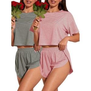 imageOYOANGLE Womens 2 Pack Pajama Set Striped Short Sleeve Tshirt and Split Shorts Pjs Summer SleepwearGrey Pink