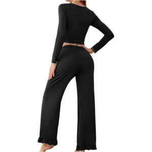 imageOYOANGLE Womens 2 Piece Pajama Sets Bow Square Neck Long Sleeve Crop Top and Pants Sleepwear SetsBlack