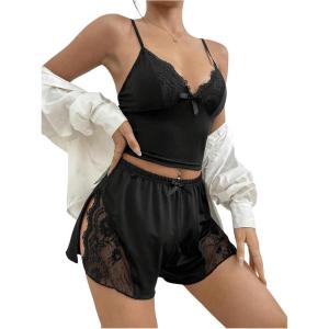 imageOYOANGLE Womens 2 Piece Pajama Sets Lounge Sets Lace Bow Cami Top and Split Shorts SetBlack