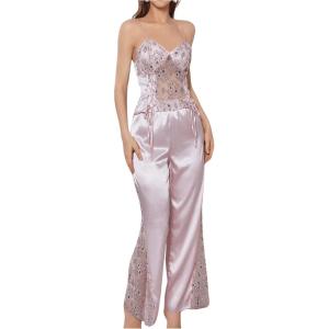 imageOYOANGLE Womens 2 Piece Satin Pajamas Set Mesh Lace Cami Top and Flared Pants LoungewearPink