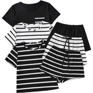 imageOYOANGLE Womens 3 Pack Lounge Set Striped Short Sleeve Top and Shorts Pajama Sets Sleepwear LoungewearBlack and White
