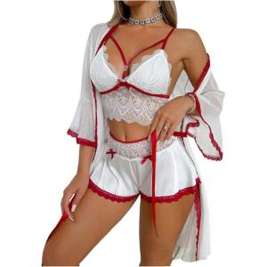 imageOYOANGLE Womens 3 Piece Pajama Set Floral Lace Bowknot Cami Top and Shorts with Robe SleepwearWhite